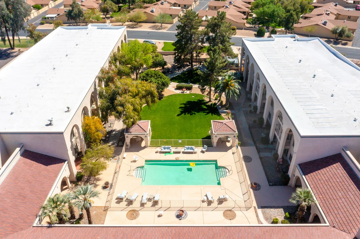 Sun City West courtyard and pool aerial
